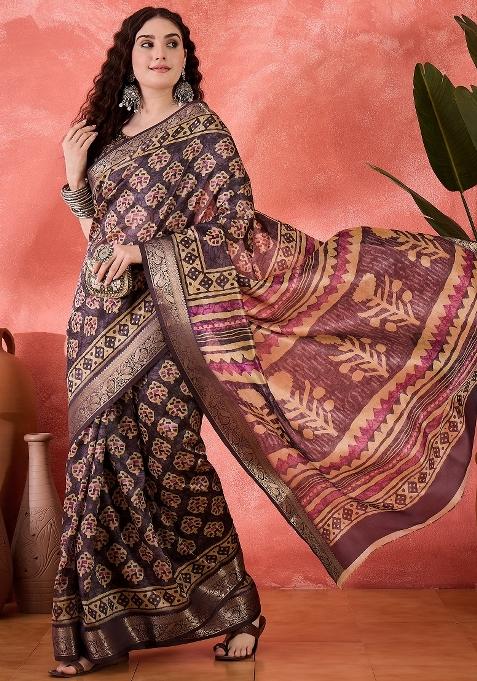 Purple Printed Silk Saree Set