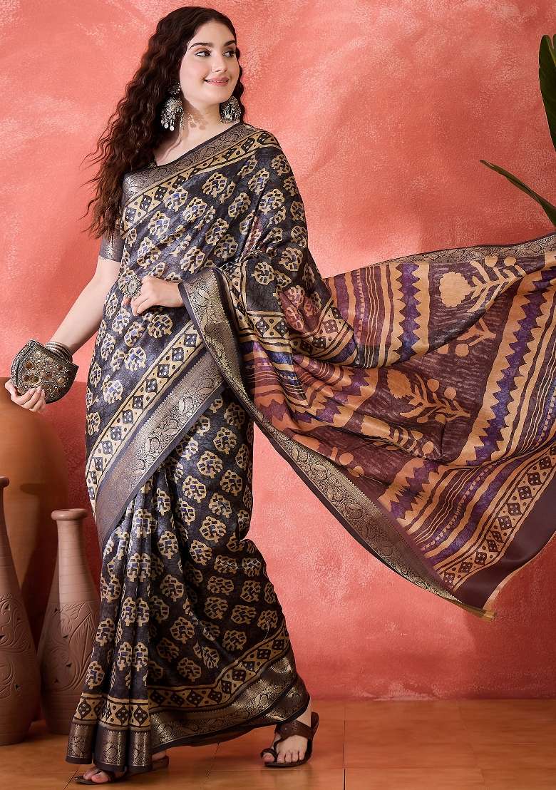 Dark Blue Printed Silk Blend Saree Set - Indya