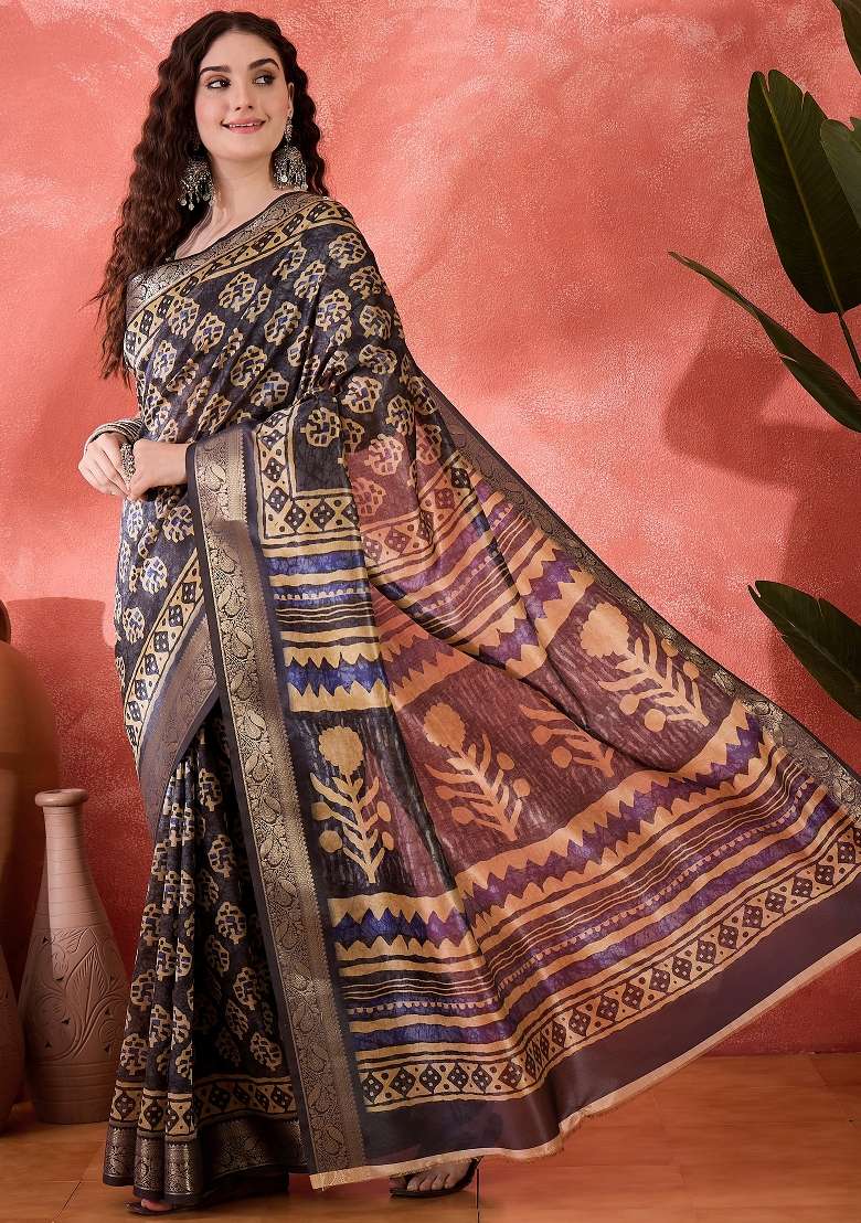 Dark Blue Printed Silk Blend Saree Set - Indya