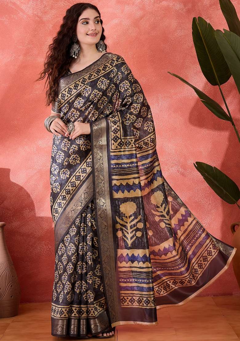 Dark Blue Printed Silk Blend Saree Set - Indya
