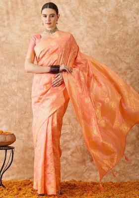 Peach Motif Silk Saree Set
