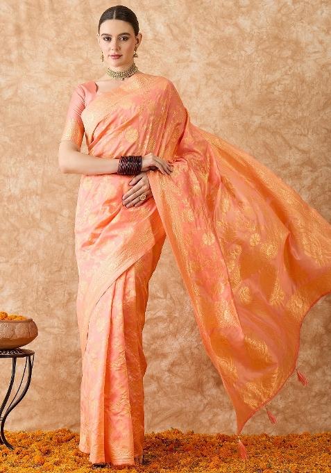 Peach Motif Silk Saree Set