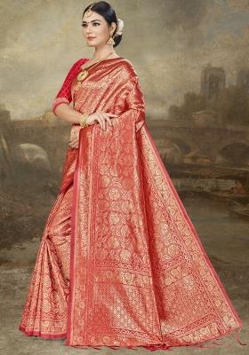 Peach Motif Silk Saree Set