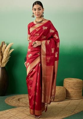 Red Motif Silk Saree Set
