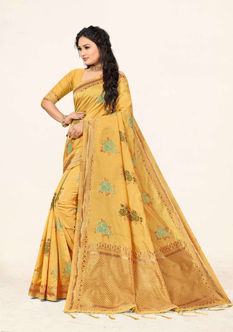 Yellow Motif Cotton Saree Set - Indya