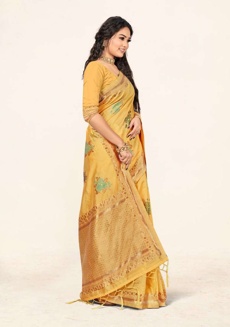Yellow Motif Cotton Saree Set - Indya