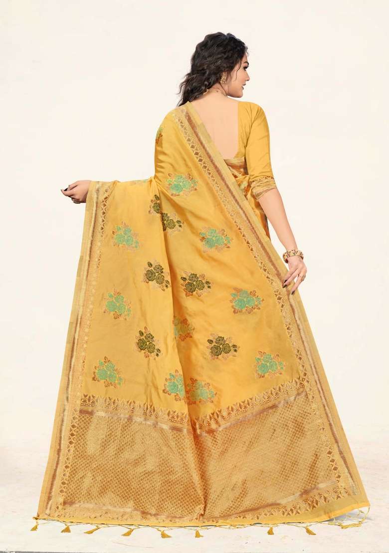 Yellow Motif Cotton Saree Set - Indya