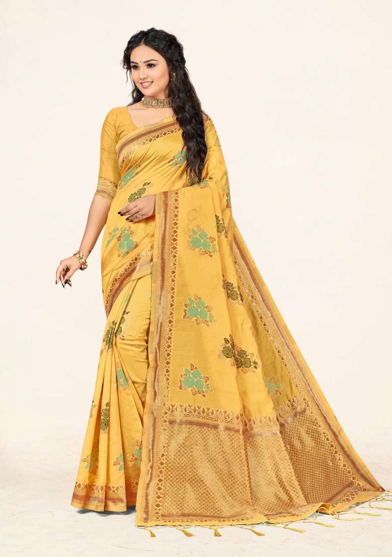 Yellow Motif Cotton Saree Set - Indya
