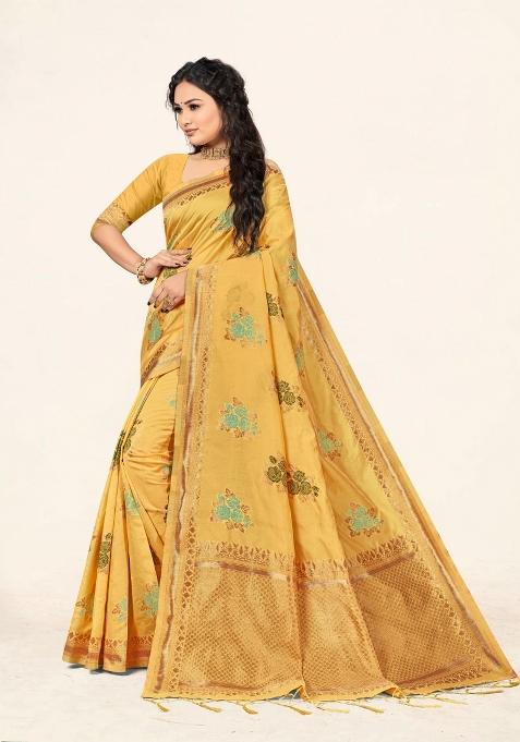 Yellow Motif Cotton Saree Set