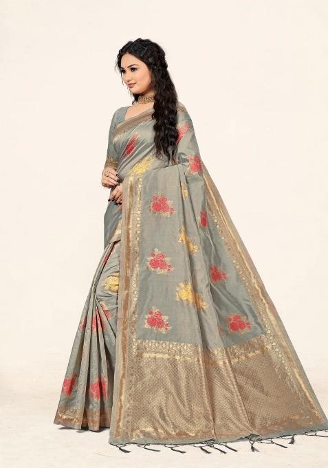 Grey Motif Cotton Saree Set