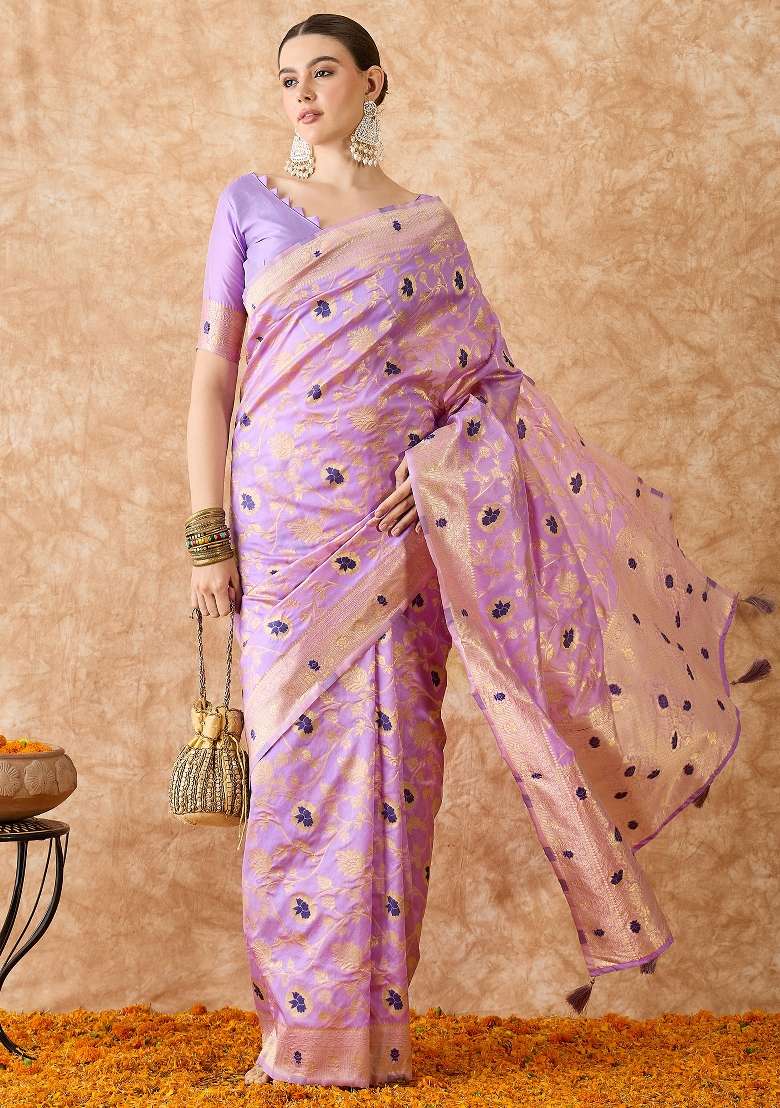 Lavender Motif Silk Saree Set - Indya