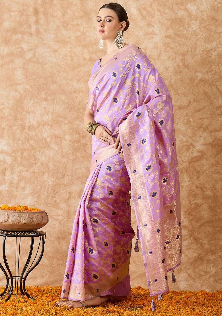 Lavender Motif Silk Saree Set - Indya