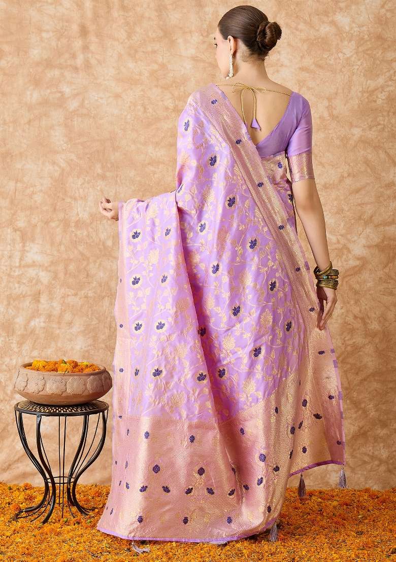 Lavender Motif Silk Saree Set - Indya