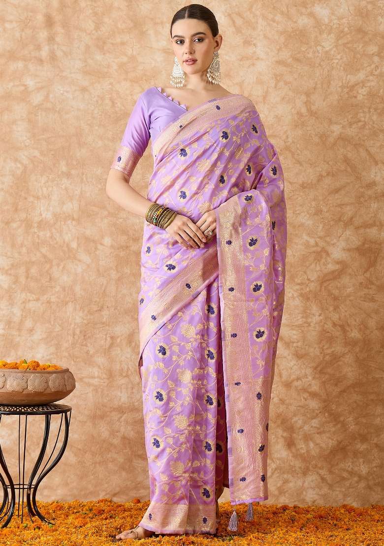 Lavender Motif Silk Saree Set - Indya