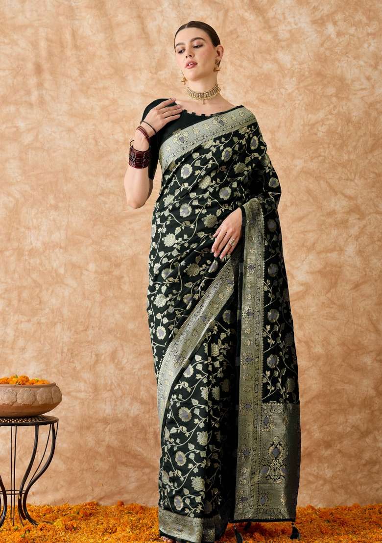 Black Motif Silk Blend Saree Set - Indya