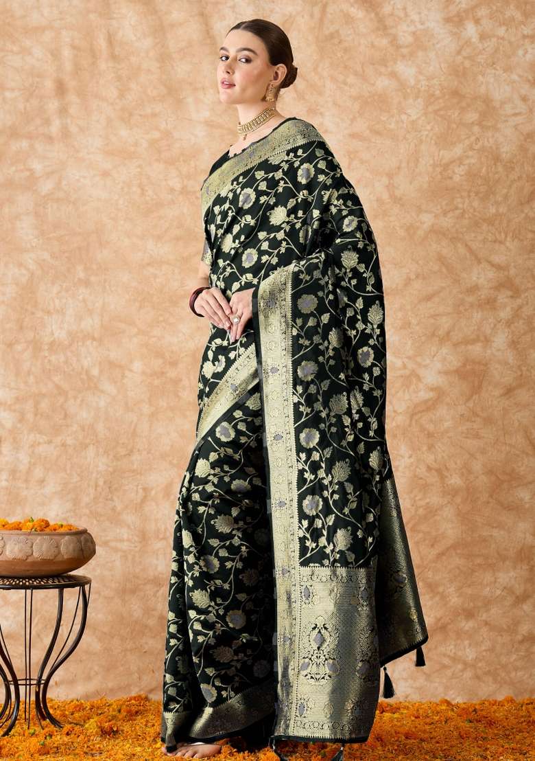 Black Motif Silk Blend Saree Set - Indya