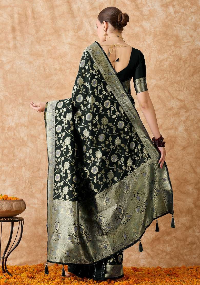 Black Motif Silk Blend Saree Set - Indya