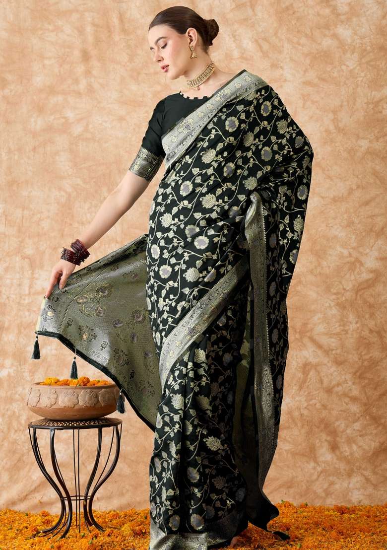 Black Motif Silk Blend Saree Set - Indya