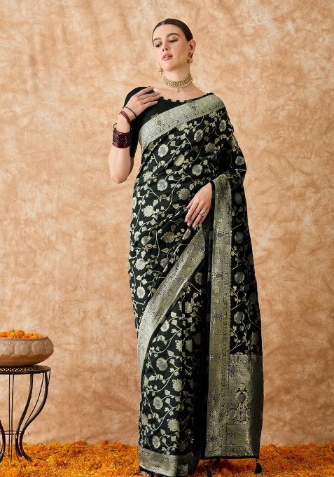 Black Motif Silk Saree Set