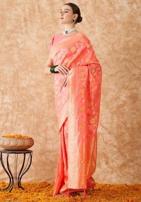 Peach Motif Silk Saree Set