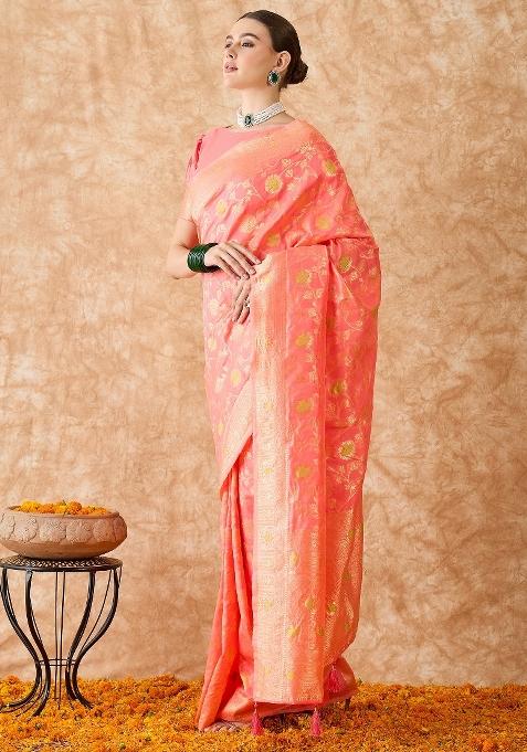 Peach Motif Silk Saree Set