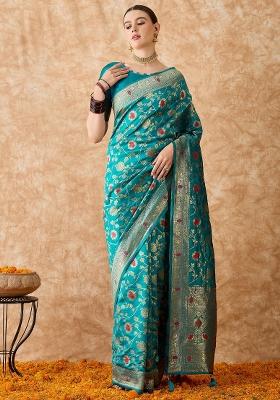 Sky Blue Motif Silk Saree Set