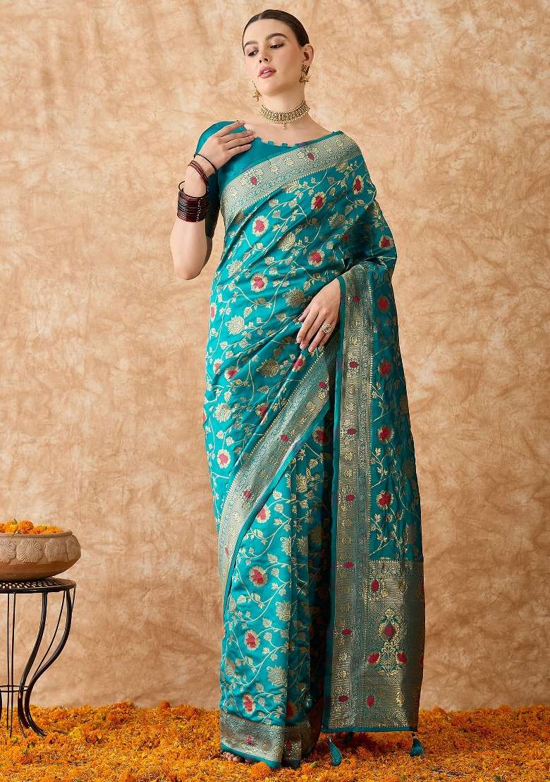 Sky Blue Motif Silk Blend Saree Set - Indya