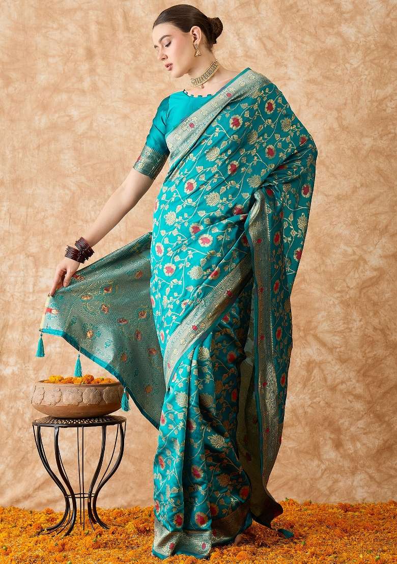 Sky Blue Motif Silk Blend Saree Set - Indya