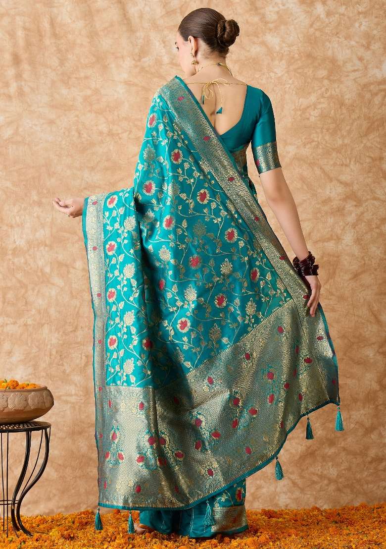 Sky Blue Motif Silk Blend Saree Set - Indya