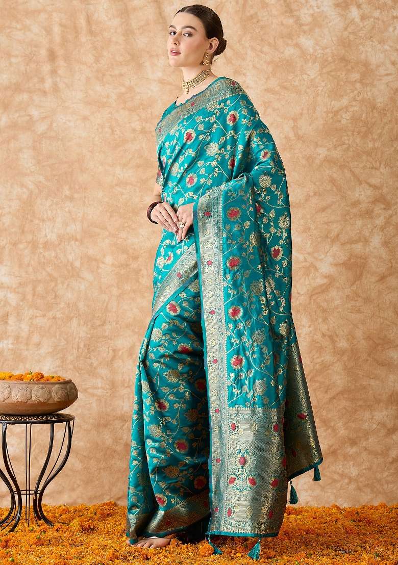 Sky Blue Motif Silk Blend Saree Set - Indya