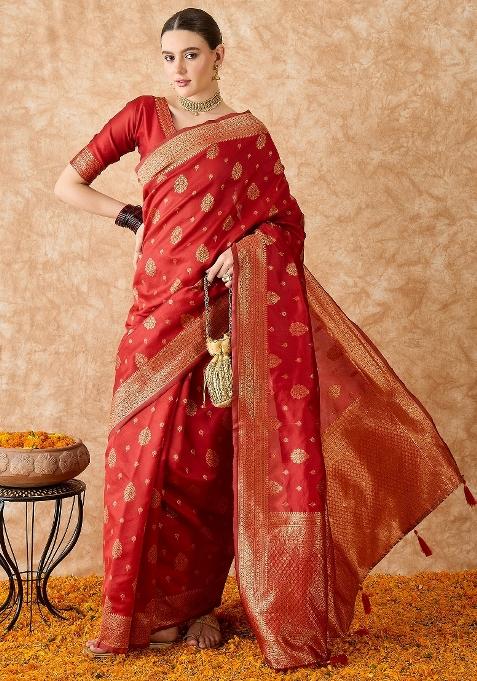 Red Motif Silk Saree Set