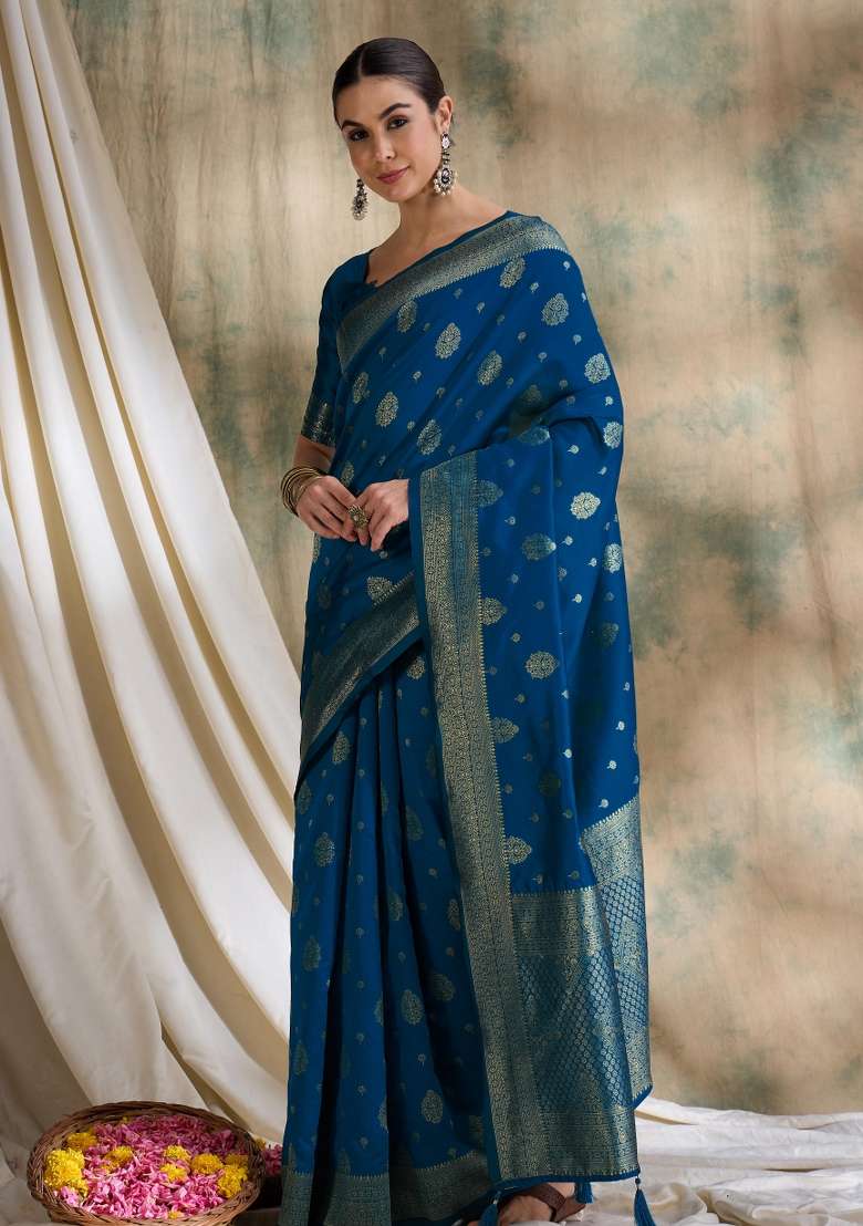 Petrol Blue Motif Silk Blend Saree Set - Indya