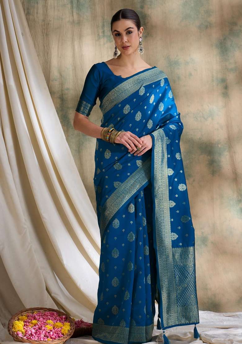 Petrol Blue Motif Silk Blend Saree Set - Indya