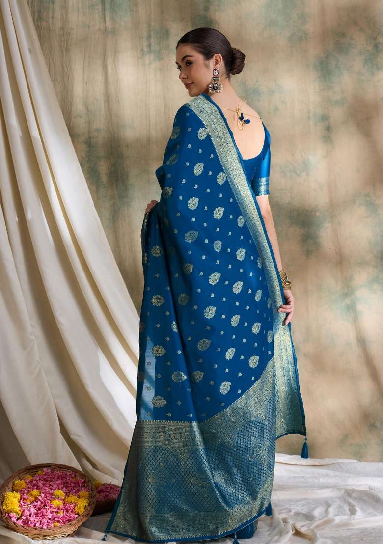 Petrol Blue Motif Silk Blend Saree Set - Indya