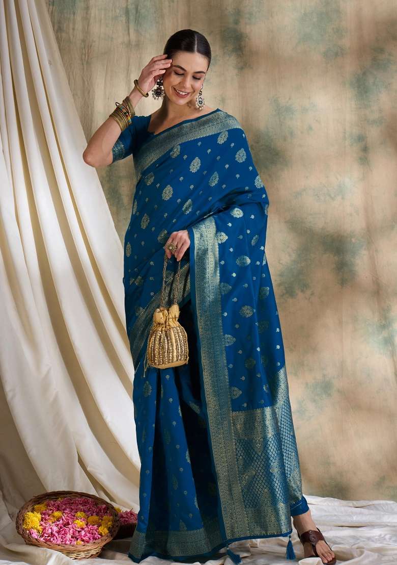 Petrol Blue Motif Silk Blend Saree Set - Indya