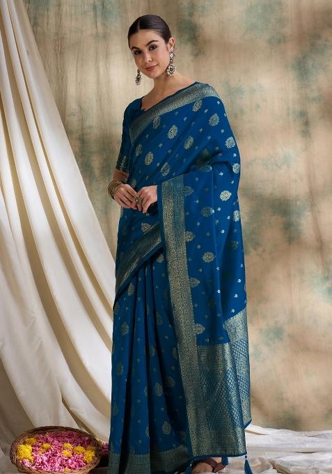Petrol Blue Motif Silk Saree Set