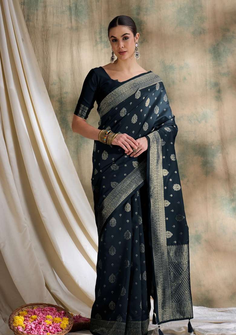 Black Motif Silk Blend Saree Set - Indya