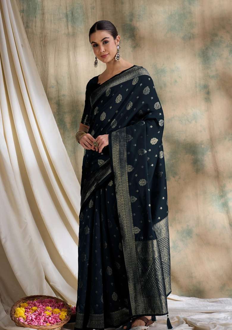 Black Motif Silk Blend Saree Set - Indya