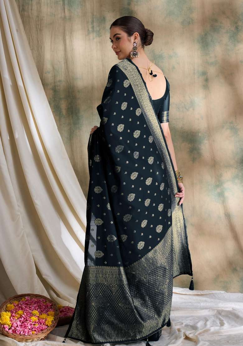 Black Motif Silk Blend Saree Set - Indya