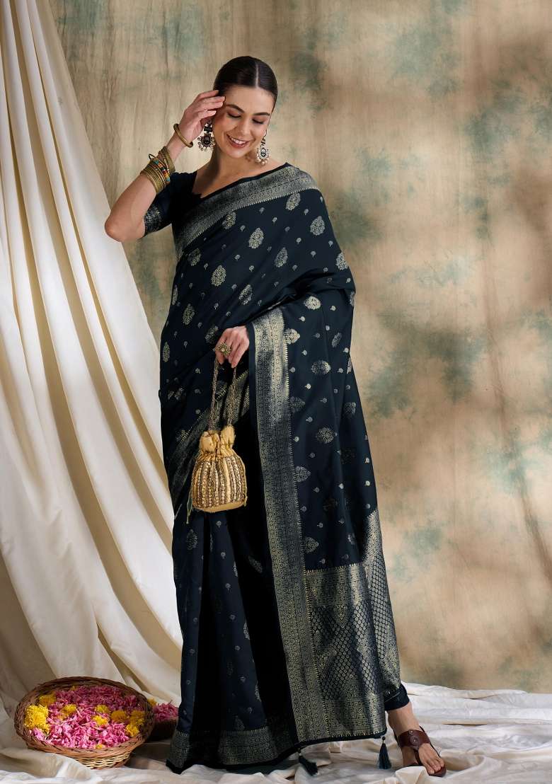 Black Motif Silk Blend Saree Set - Indya