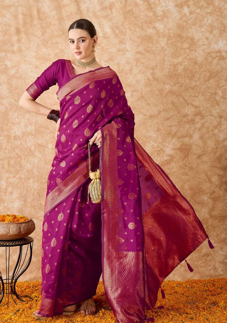 Magenta Motif Silk Blend Saree Set - Indya