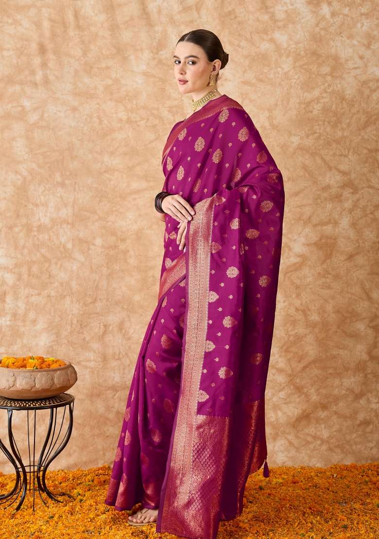 Magenta Motif Silk Blend Saree Set - Indya