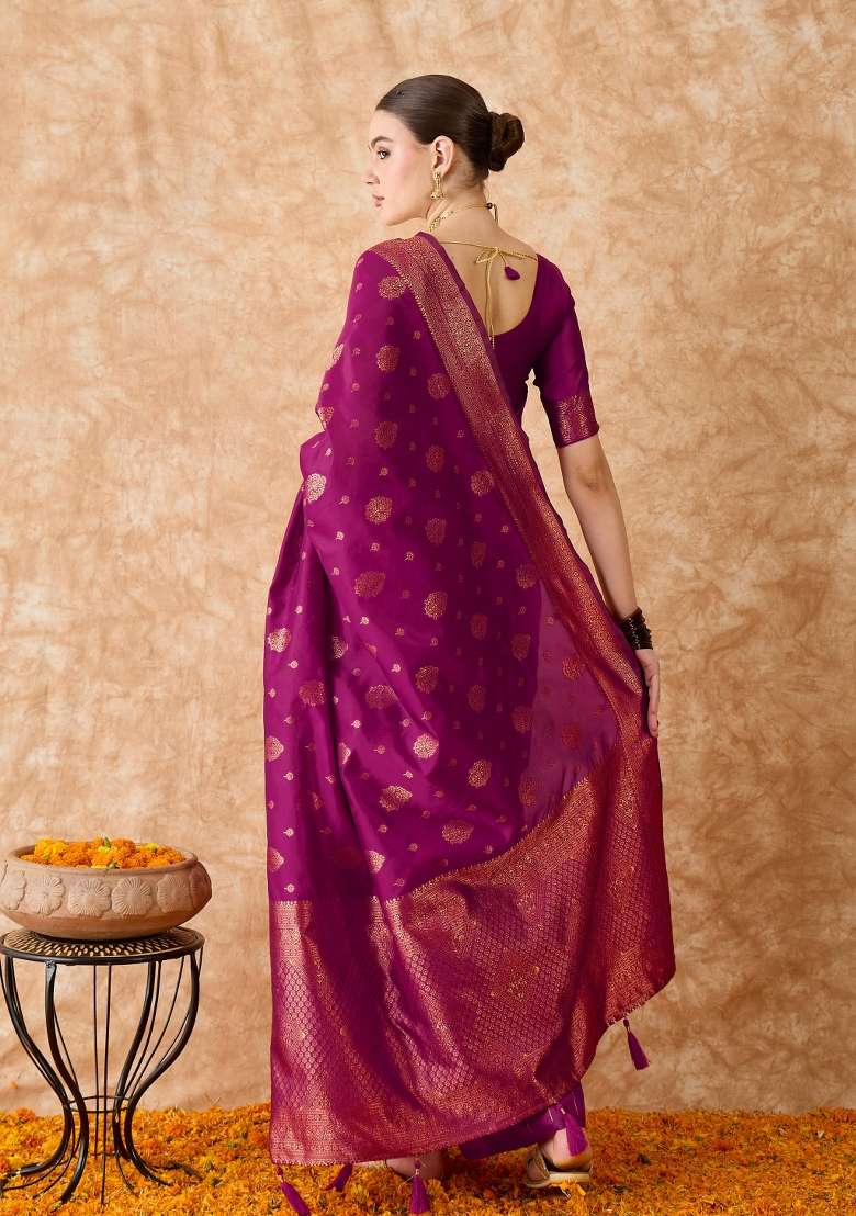 Magenta Motif Silk Blend Saree Set - Indya