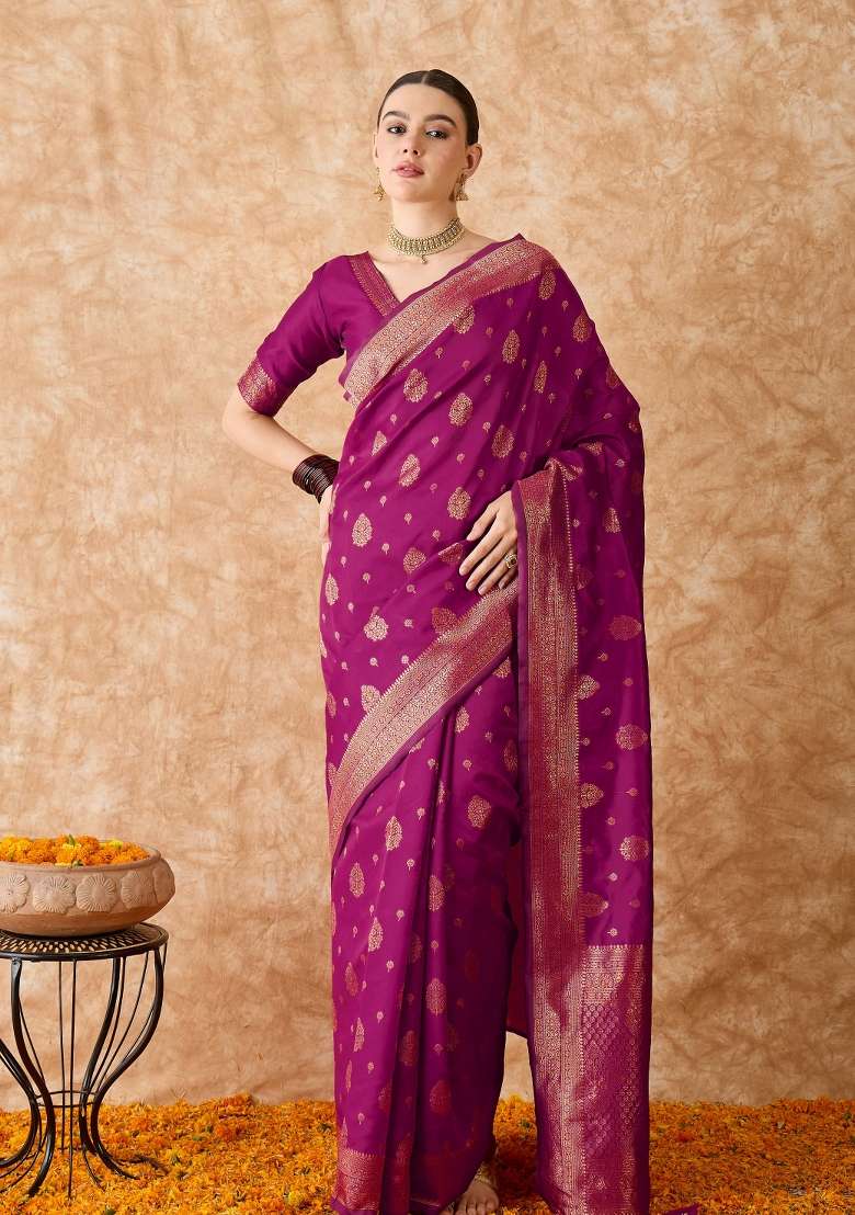 Magenta Motif Silk Blend Saree Set - Indya