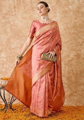 Peach Motif Silk Saree Set