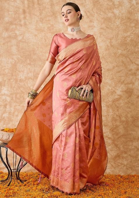 Peach Motif Silk Saree Set