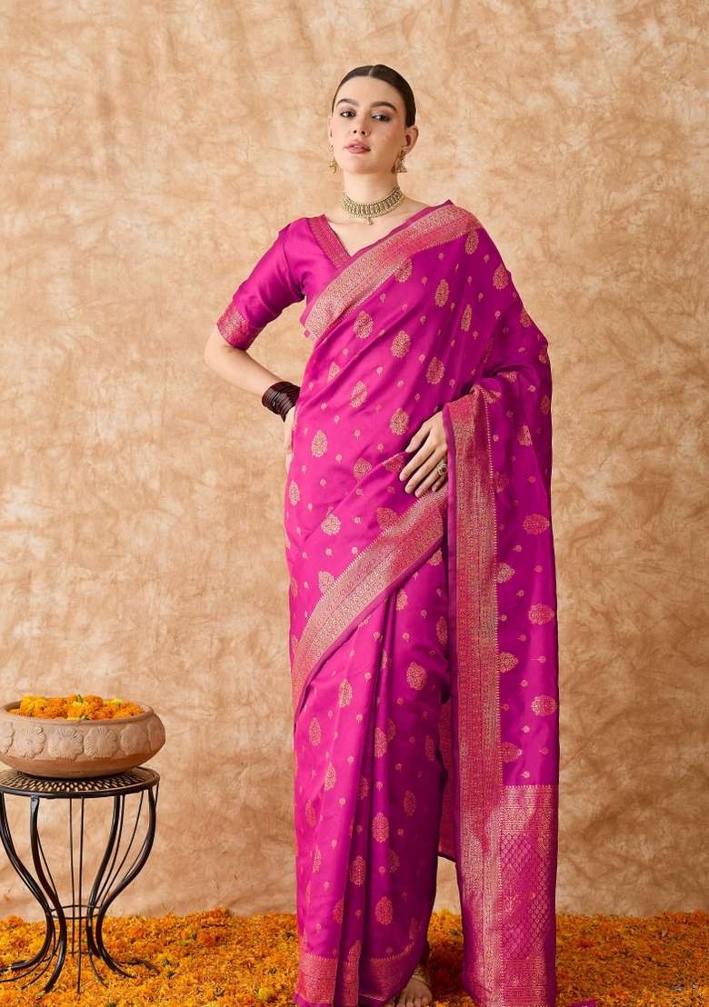 Pink Motif Silk Blend Saree Set - Indya