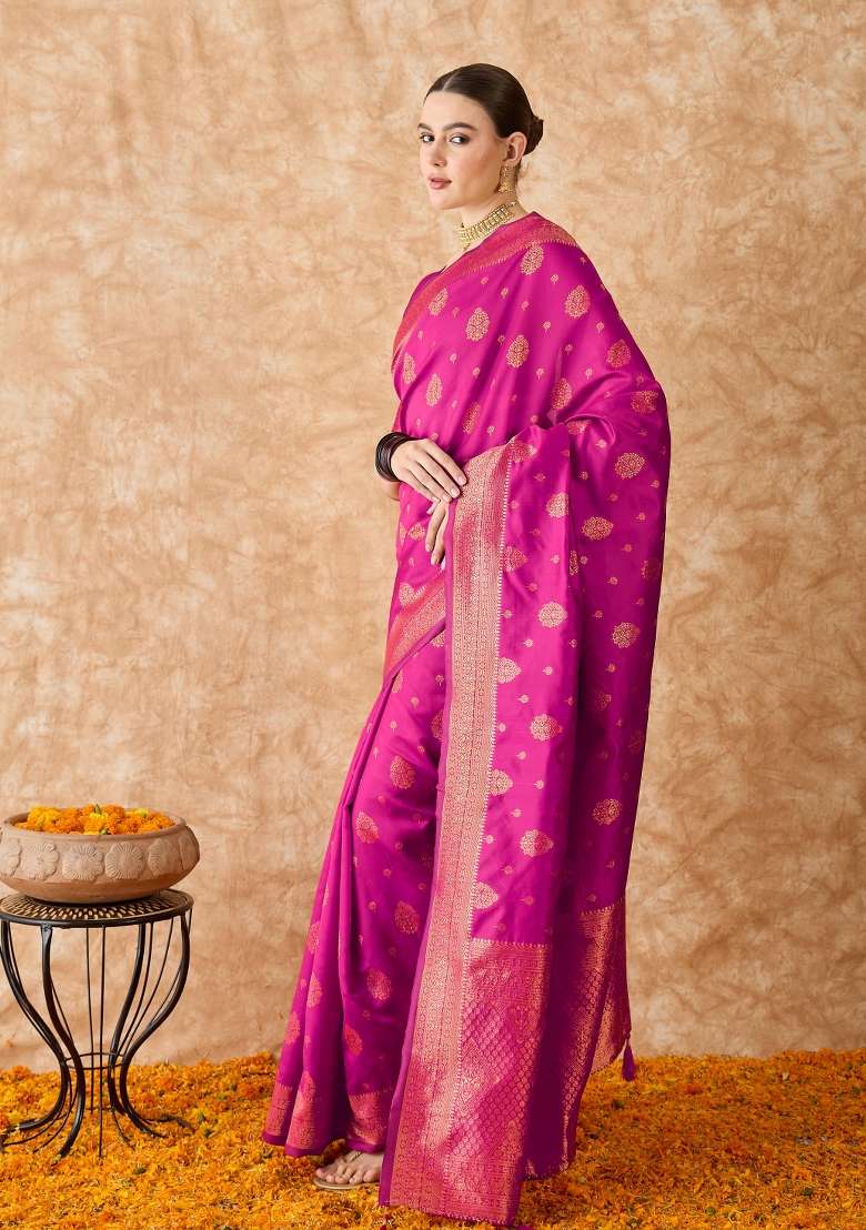 Pink Motif Silk Blend Saree Set - Indya