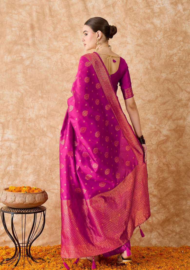Pink Motif Silk Blend Saree Set - Indya