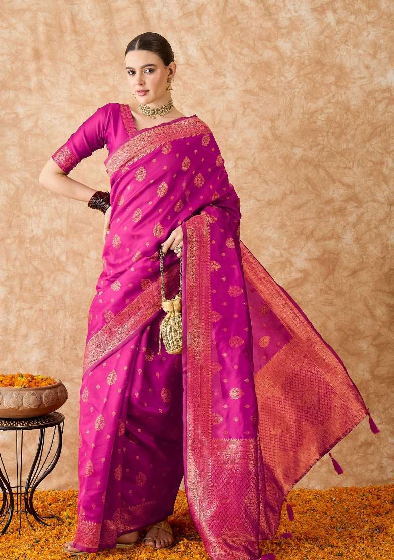 Pink Motif Silk Blend Saree Set - Indya
